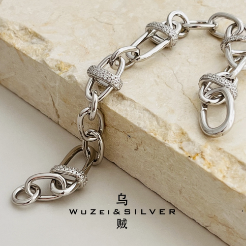 WZ&SILVER设计师款通体S925银镀铑金镶钻手链高级百搭时尚简约