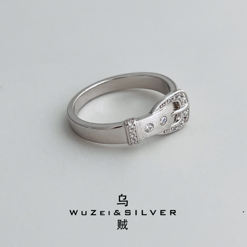 WZ&SILVER设计师款通体S925银镀铑金皮带扣戒指高级简约百搭时尚