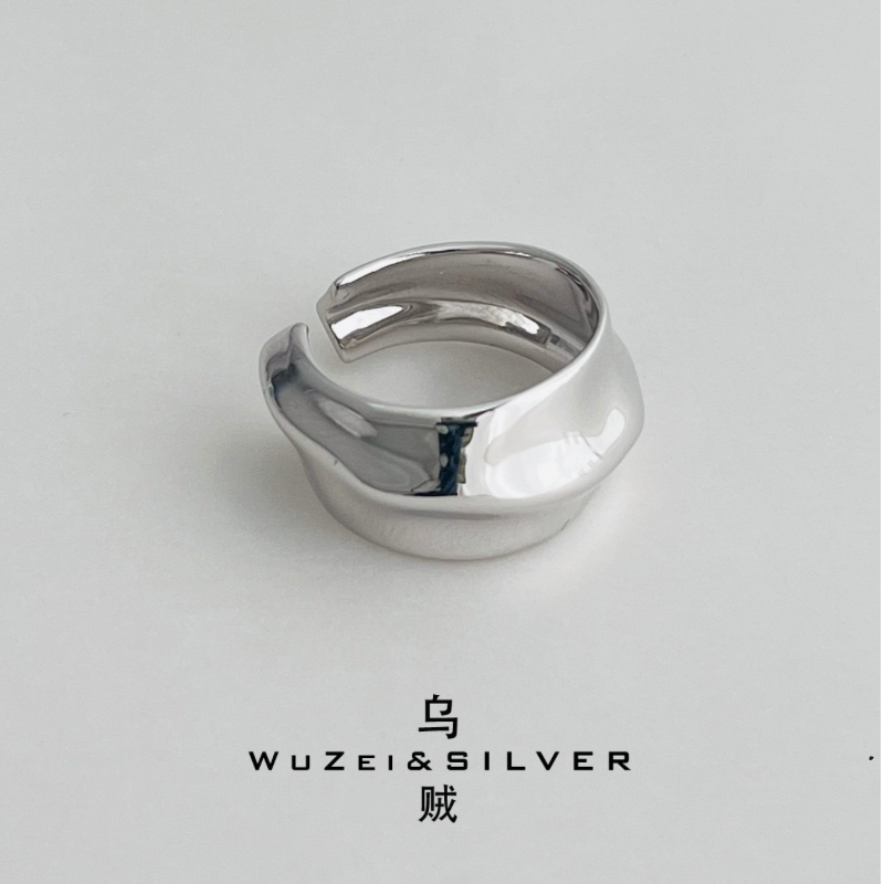 WZ&SILVER设计师款通体S925银镀厚镀铑金宽面开口戒指高级简约