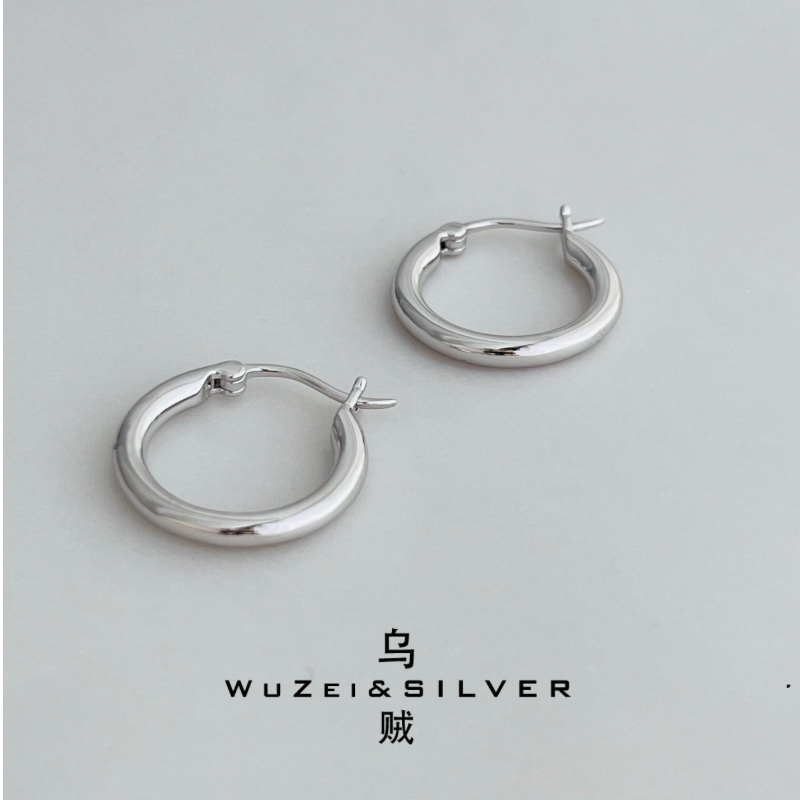WZ&SILVER设计师款通体S925银镀铑金素圈耳环高级简约百搭时尚