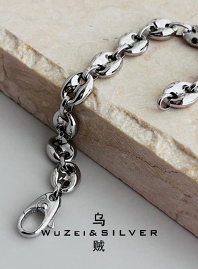 WZ&SILVER双十一福利！通体S925纯银镀铑金猪鼻子手链经典高级