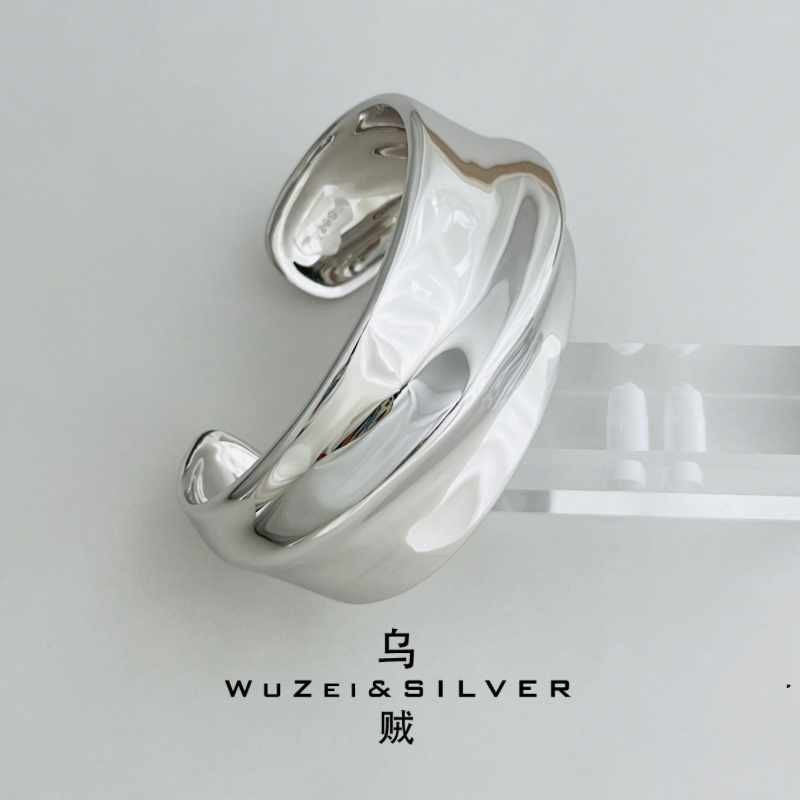 WZ&SILVER设计师款通体S925银镀铑金不规则开口手镯高级时尚简约