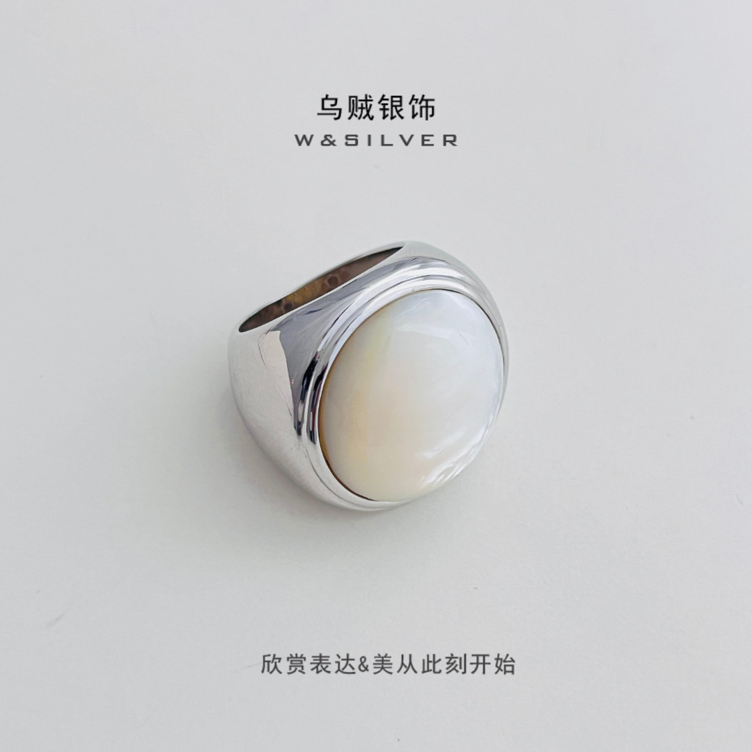 W&SILVER通体925纯银镀铑金天然白贝母戒指小众设计复古气质戒指