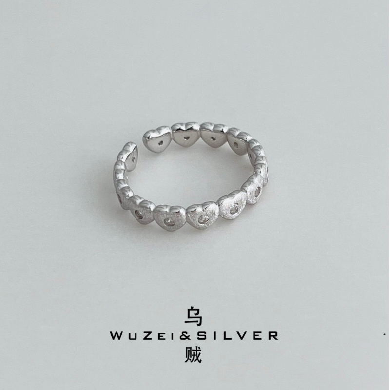 WZ&SILVER设计师款通体S925银厚镀铑金爱心开口戒指高级复古百搭