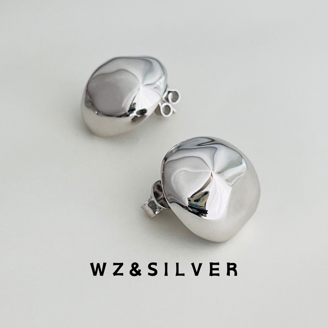 WZ&SILVER 设计师款通体925纯银厚镀铑金纽扣耳钉简约百搭耳饰