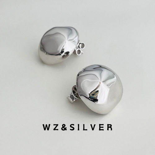 WZ&SILVER 设计师款通体925纯银厚镀铑金纽扣耳钉简约百搭耳饰