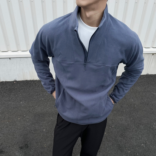 LIMOU秋冬户外风运动商务宽松格纹绒半拉链立领男士长袖套头卫衣
