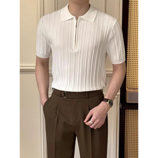男短袖 针织薄款 拉链polo衫 夏季 条纹t恤 休闲百搭潮流时尚 修身