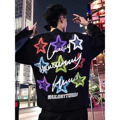 彩色星星卫衣新款潮男搭配潮流帅气黑色重磅T恤ins痞帅男士套头衫