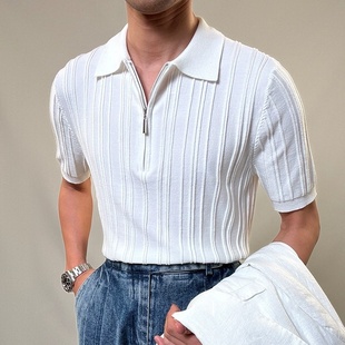 薄款 男士 复古短袖 夏季 针织上衣英伦绅士高级感翻领T恤 拉链polo衫