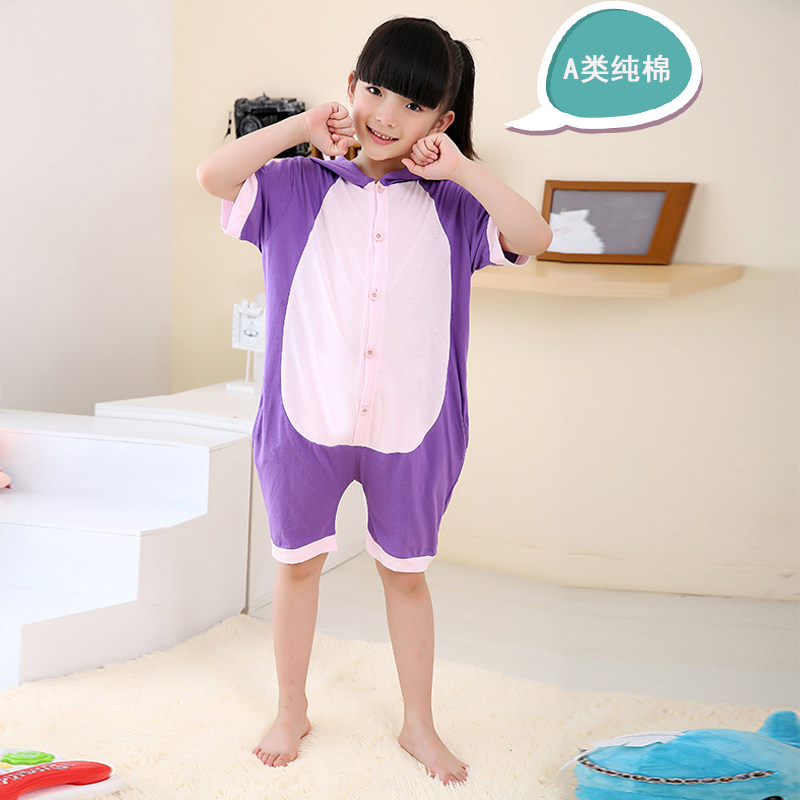 紫猫儿童连体睡衣夏季纯棉短袖小孩卡通动物连体睡衣女夏可爱男童