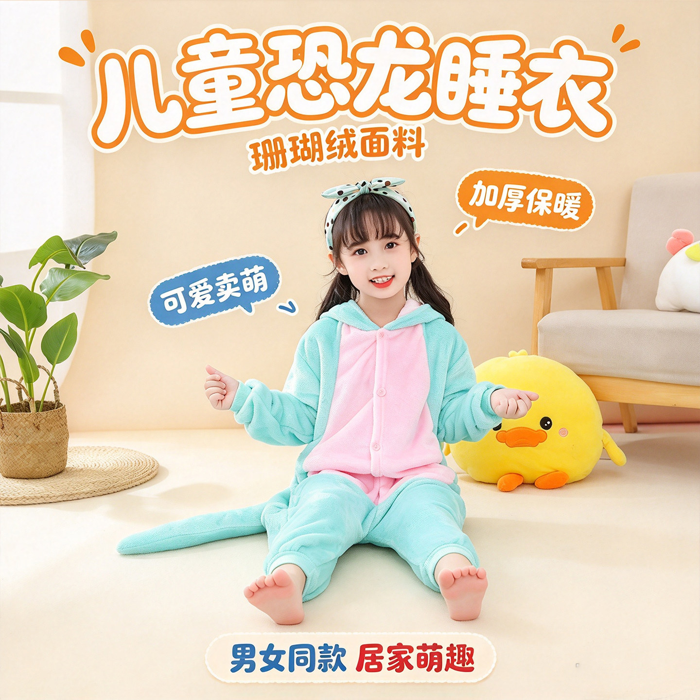 冬季儿童恐龙连体睡衣珊瑚绒