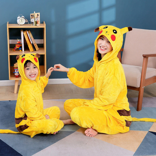 皮卡丘连体睡衣儿童冬天加厚卡通动物法兰绒男童女童成人亲子可爱
