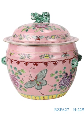 景德镇仿古陶瓷器粉彩粉色底纯手绘中式开窗蝴蝶花卉纹狮头小饭鼓