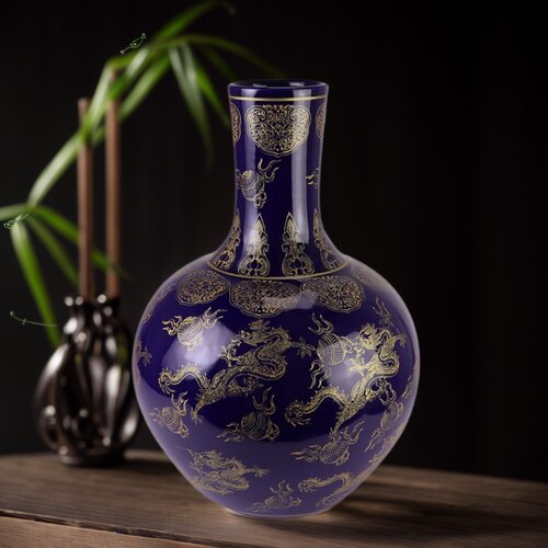 景德镇白底蓝底龙纹天球瓶玄关客厅插花花瓶中式古典装饰品摆件