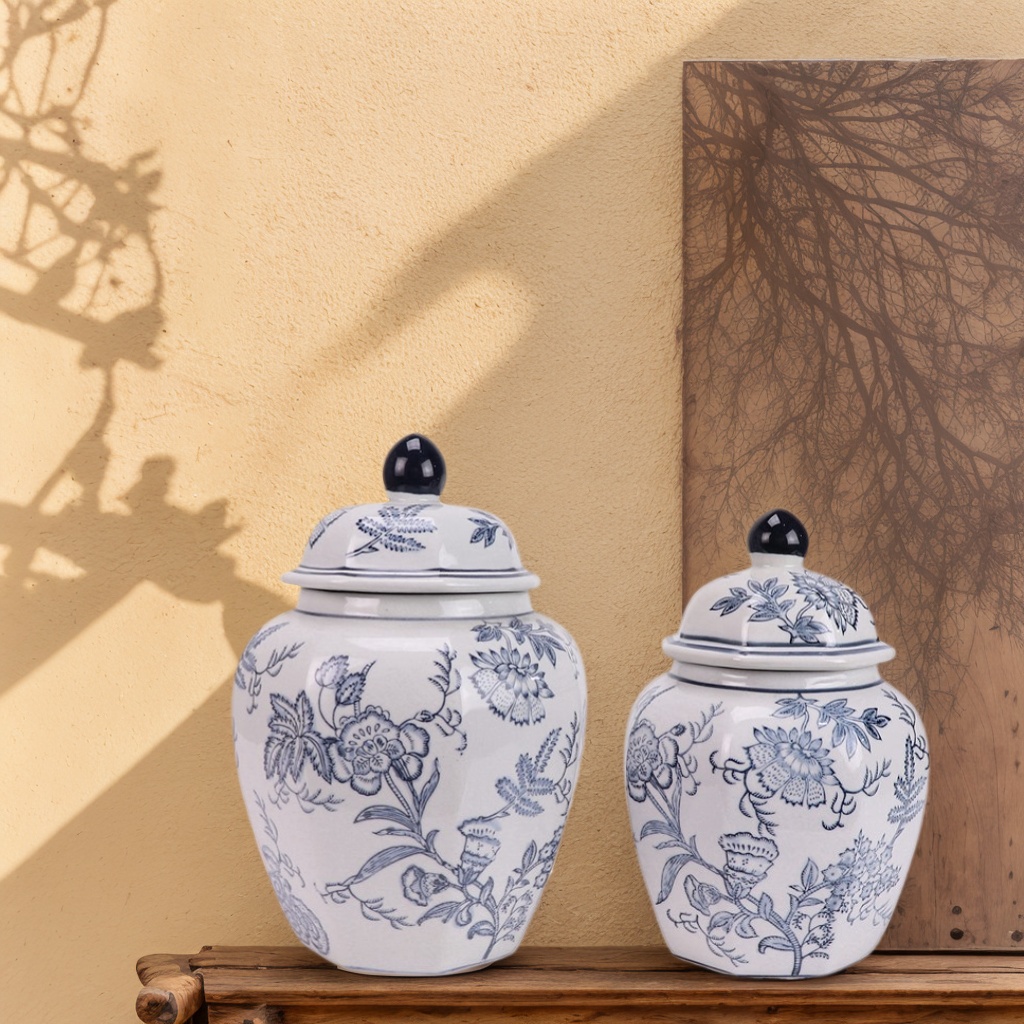景德镇陶瓷青花花卉将军罐罐盖罐储物罐仿古中式装饰摆件客厅玄关