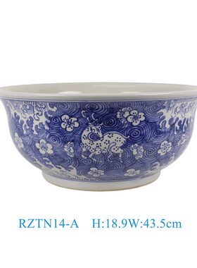 景德镇陶瓷手绘青花海水鹿纹撇口大碗中式客厅陶瓷摆件