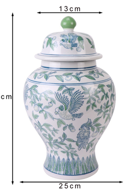 景德镇陶瓷绿色鹦鹉花鸟将军罐带盖储物罐玄关客厅餐厅装饰摆件