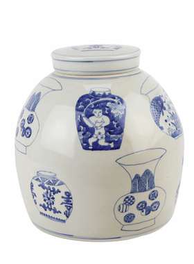 景德镇中式青花博古纹侁字明罐储物罐糖果罐家居饰品客厅摆件装饰