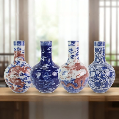 景德镇蓝底青花云龙天球瓶现代工艺中式卧室大气龙纹陶瓷房间摆件