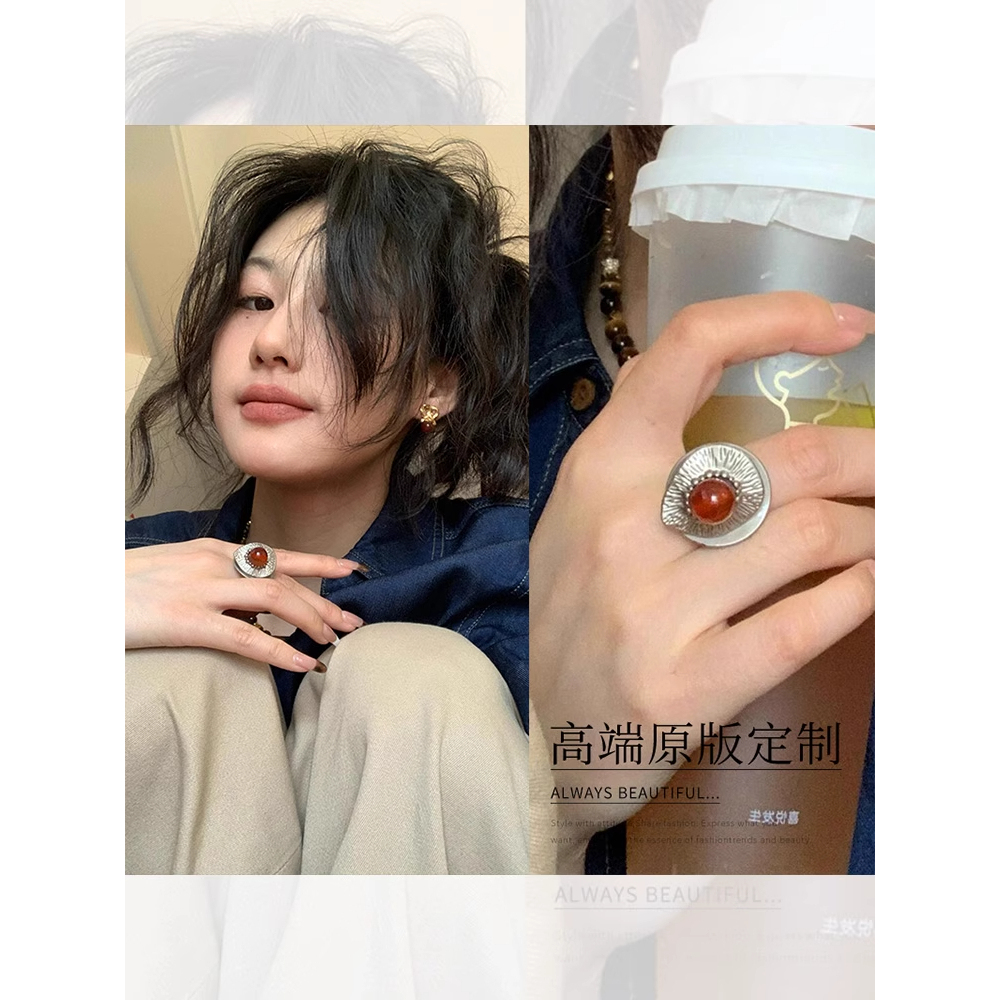 安可拉红串珠戒指中古指环复古风