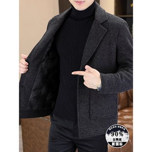 短款 高端羽绒内胆保暖男士 西装 款 外套 领毛呢大衣男冬季 正品