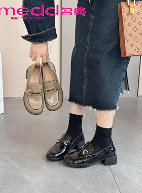 名典乐福鞋女24春新款漆皮圆头粗跟一脚蹬英伦百搭休闲单鞋55129