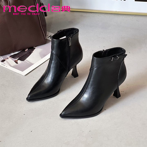 名典2025冬季新款百搭尖头细跟短靴加绒女气质优雅时装靴599182