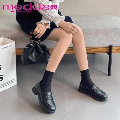 名典2024秋新款百搭舒适中跟工作一脚蹬圆头休闲乐福单鞋女77153