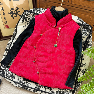 纯棉花红色手工马甲中国风偏襟儿童盘扣冬宝宝小孩马夹亲子拜年服