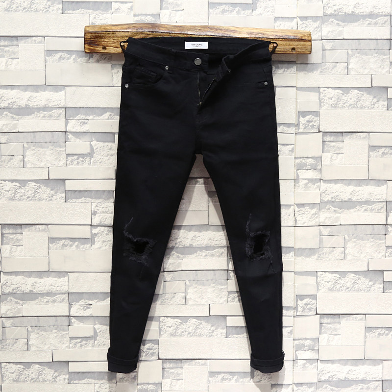夏季新款黑色牛仔裤男士潮牌个性膝盖破洞修身小脚韩版潮流九分裤