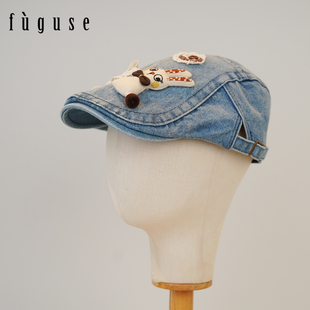 日系可爱卡通牛仔布前进帽子女时尚鸭舌帽潮百搭显脸小画家贝雷帽
