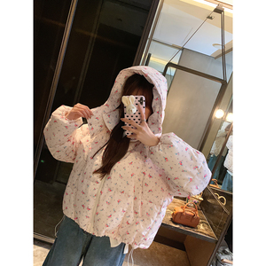 PINK DAISY韩国东大门少女甜心碎花棉衣连帽外套加厚棉服女冬超厚