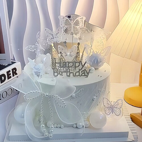 唯美蝴蝶蛋糕装饰镶钻皇冠摆件公主女王女孩仙女生日派对甜品插件
