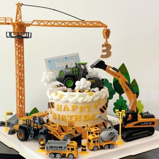 工程车蛋糕装饰套装超大号塔吊压路机铲车挖掘机男孩生日插牌插件