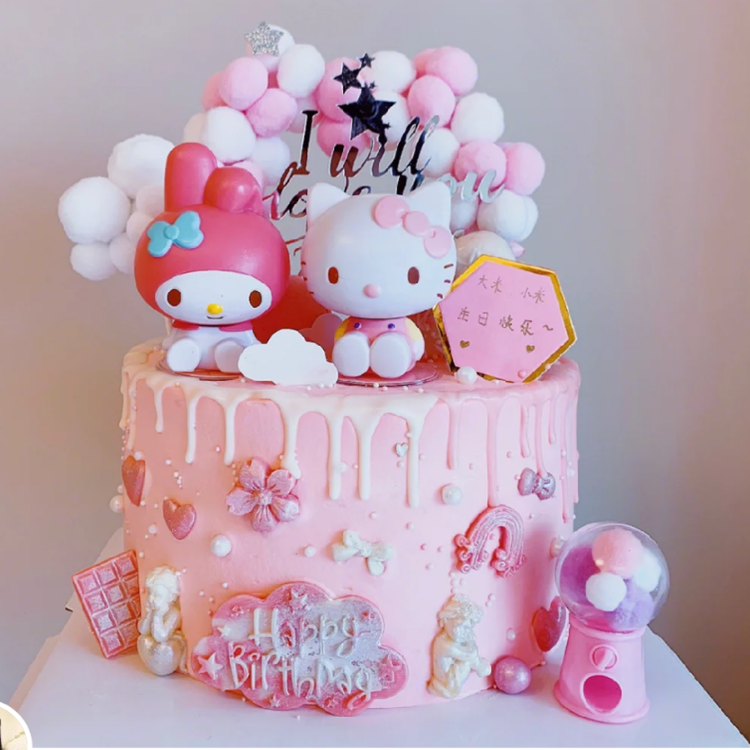 美乐蒂蛋糕装饰摆件 毛球拱门插件 彩虹棉球生日蛋糕情景装饰插牌