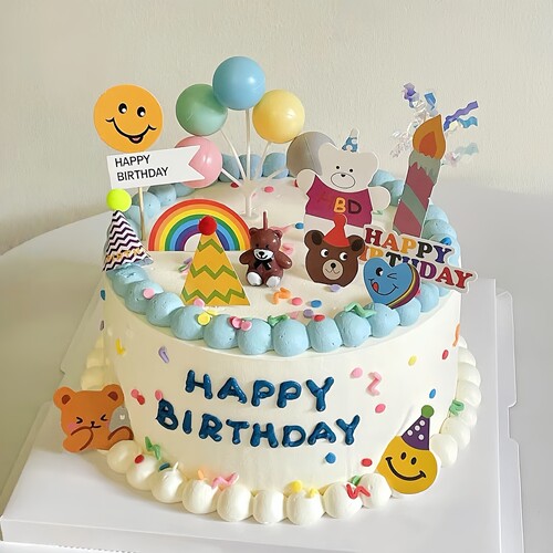 小熊蜡烛蛋糕装饰插牌笑脸彩虹气球蜡烛毛球帽子三角旗子甜品插件