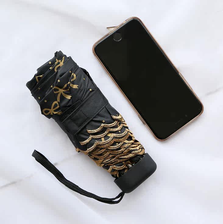 大地花烫金蝴蝶结黑胶伞无折叠 轻扁形遮阳防晒防紫外线太阳伞