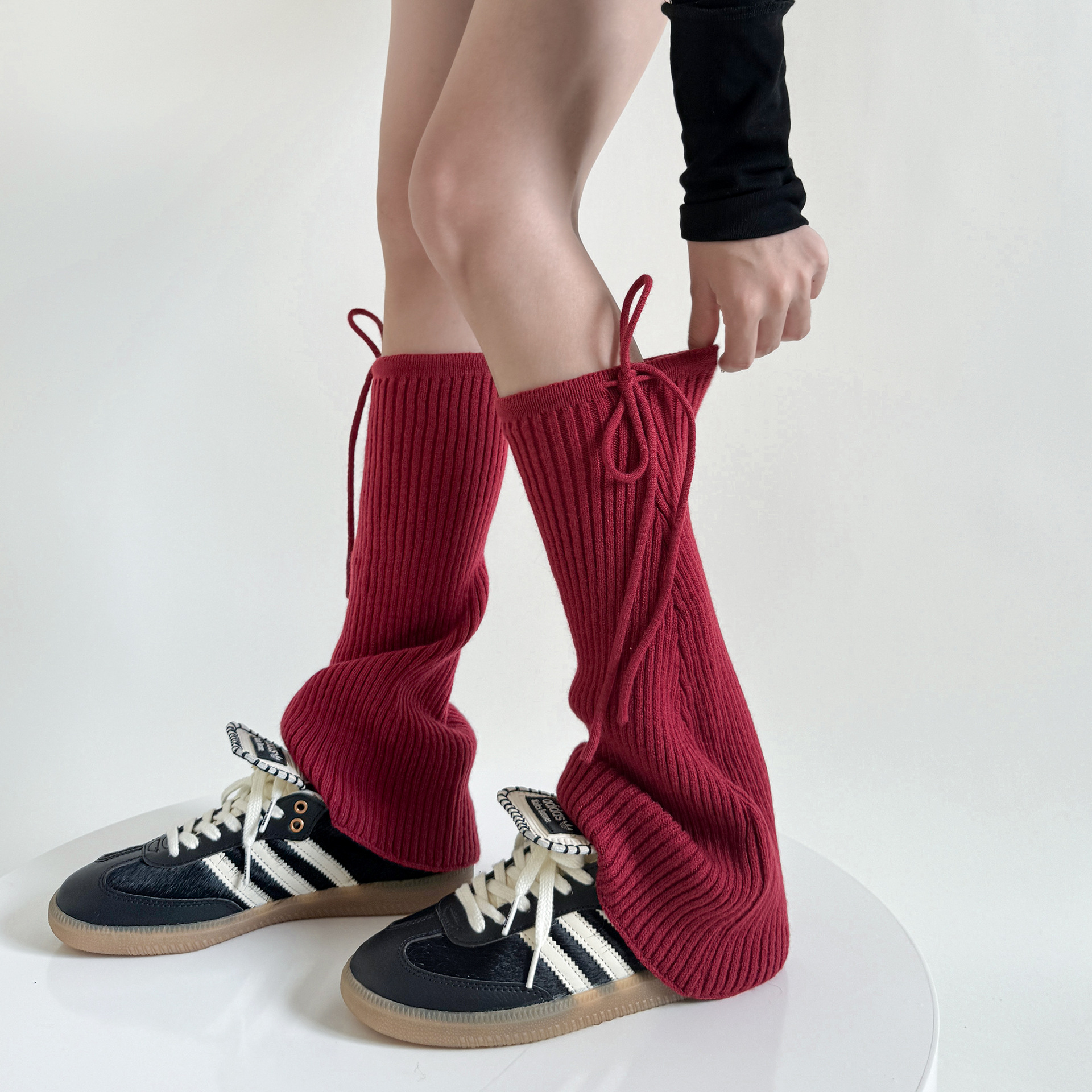 安可拉红色绑带阔腿袜套抽绳条纹针织腿套简约格雷系灰色少女靴套