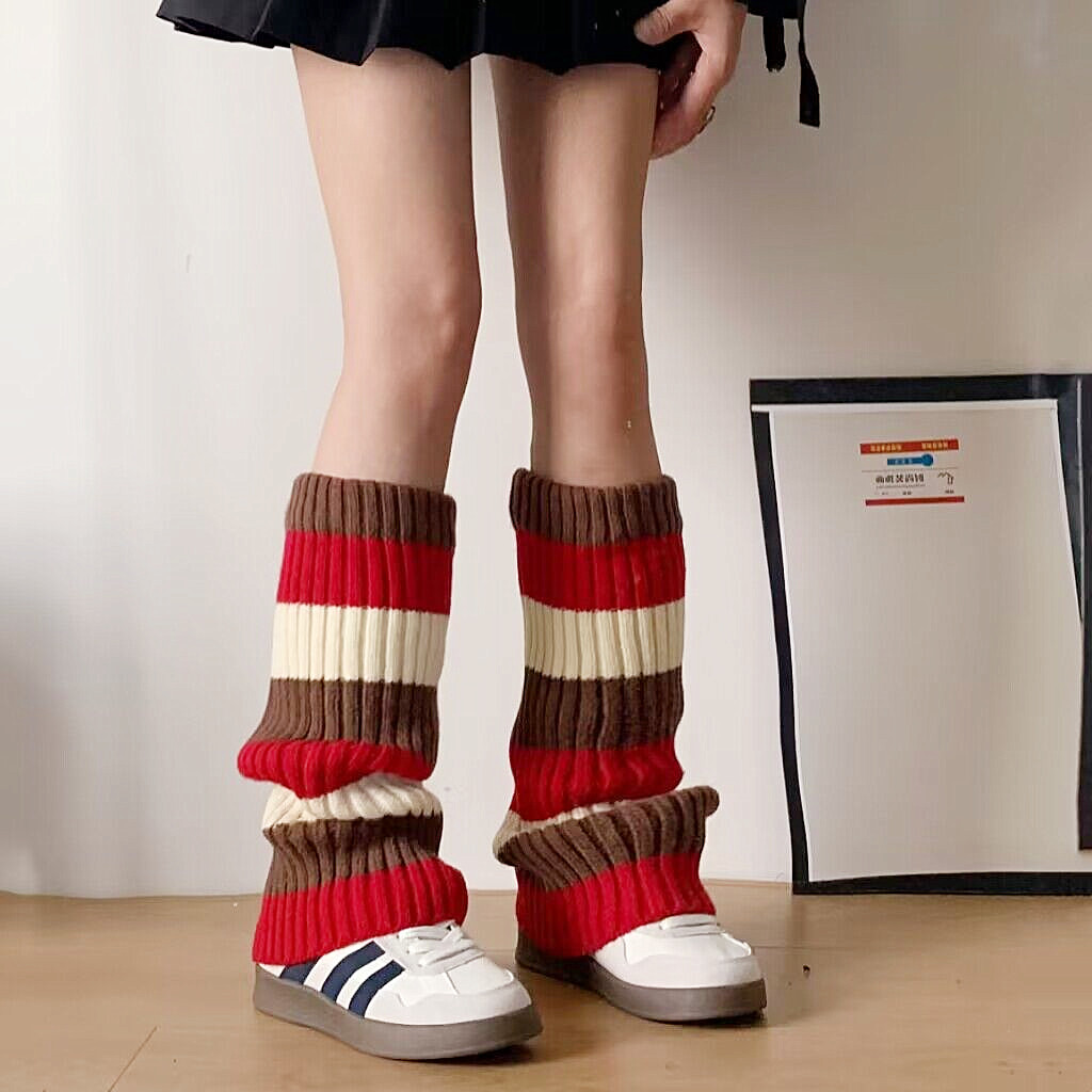 拼色堆堆袜套咖红米白色撞色腿套