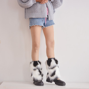 拼色毛毛绒袜套仿皮草靴套秋冬保暖ins黑白撞色斑点毛茸腿套奶牛