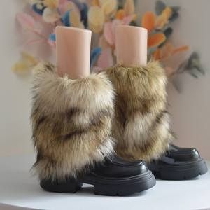仿皮草咖棕色毛绒袜套复古摩登拼色腿套ins网红靴套潮女JK堆堆袜