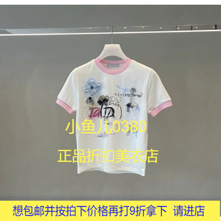 24叁 正品 2024夏新款 甜美花朵涂鸦印花正肩短袖 T恤上衣2I2B355