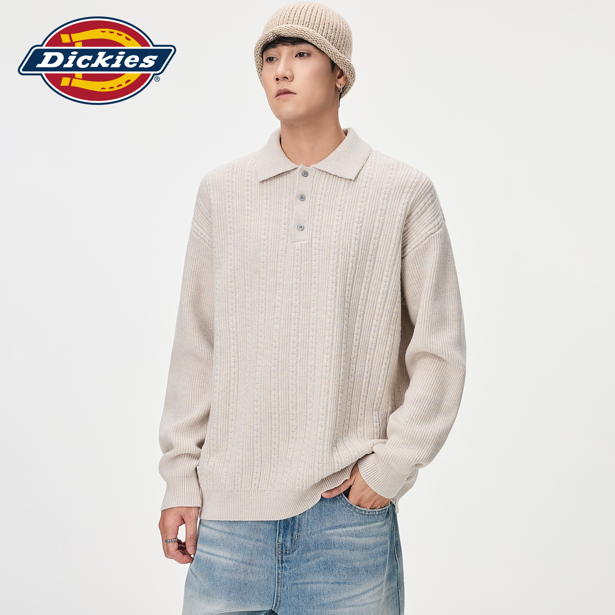 Dickies帝酷适肌理感polo翻领针织衫男生秋季美式宽松慵懒风毛衣M