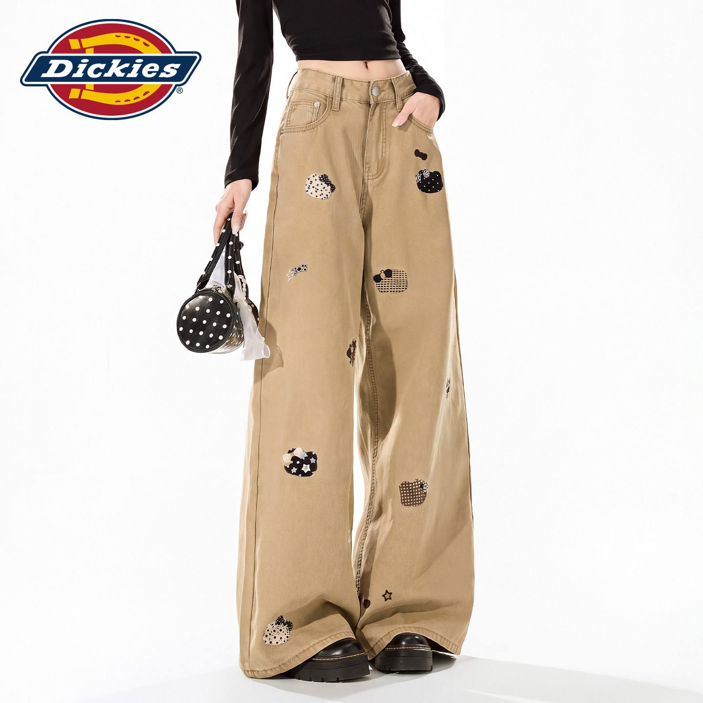 Dickies帝酷适美式风卡通印花阔腿牛仔裤女高腰宽松显瘦拖地长裤m