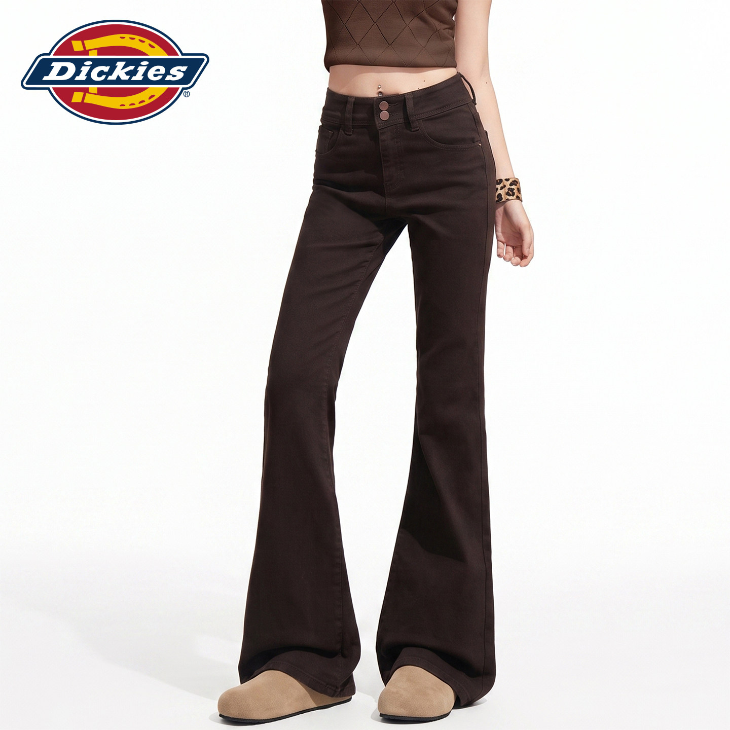 Dickies帝酷适美拉德咖色微喇牛仔裤女秋冬加绒高腰弹力喇叭裤子Y