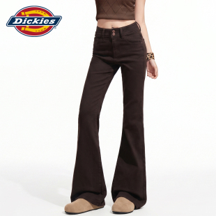 Dickies帝酷适美拉德咖色微喇牛仔裤女秋冬加绒高腰弹力喇叭裤子Y