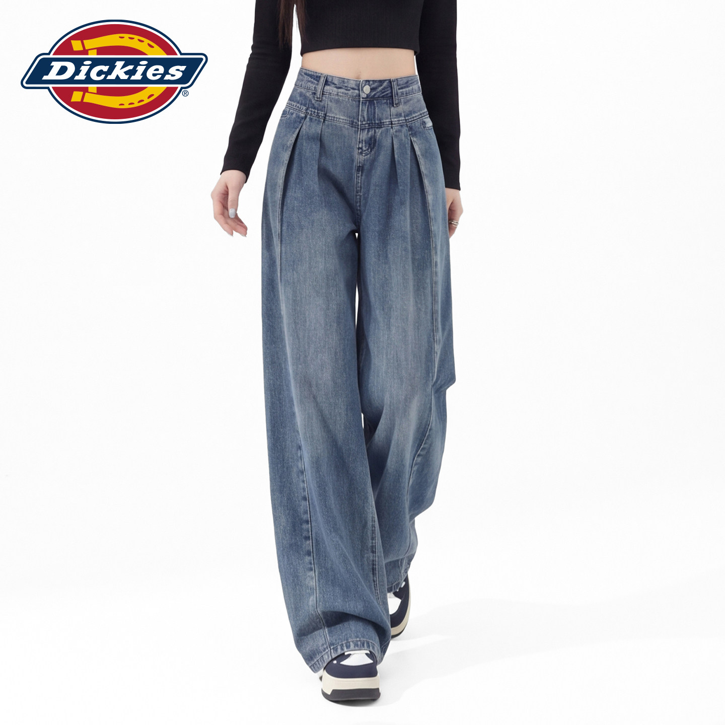 Dickies帝酷适复古蓝高腰阔腿牛仔裤女2026秋季宽松显瘦百搭长裤m