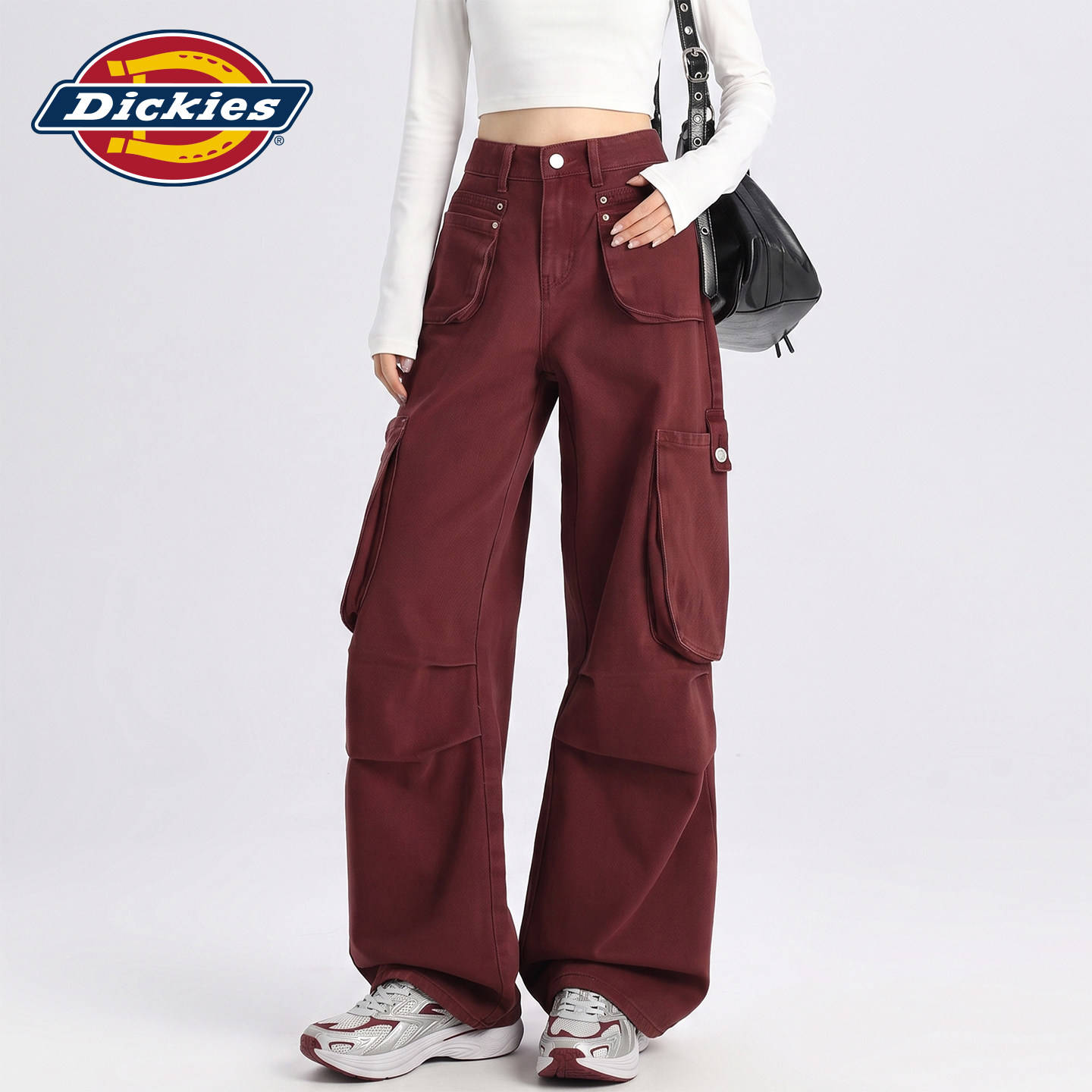 Dickies帝酷适安可拉红休闲阔腿工装裤女高腰多口袋宽松直筒裤子Y