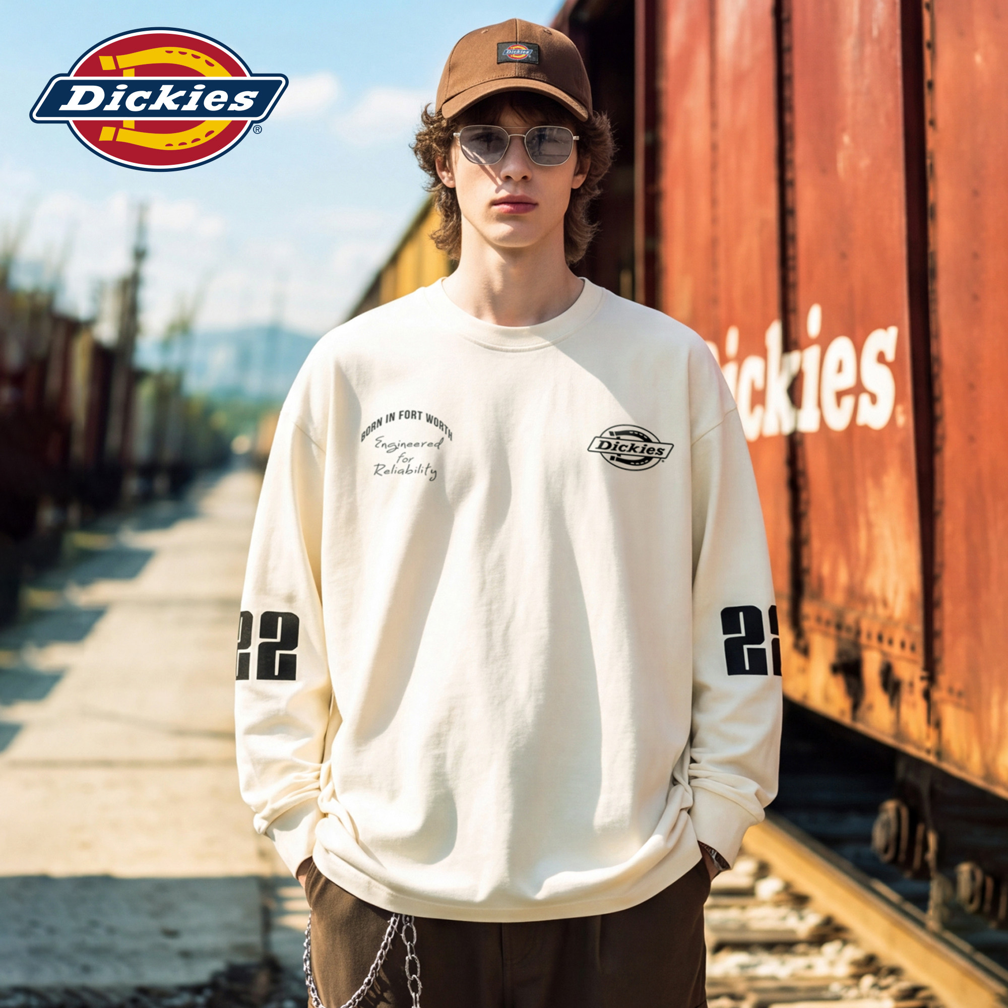 Dickies帝酷适美式圆领长袖T恤男秋季字母印花宽松纯棉打底上衣M